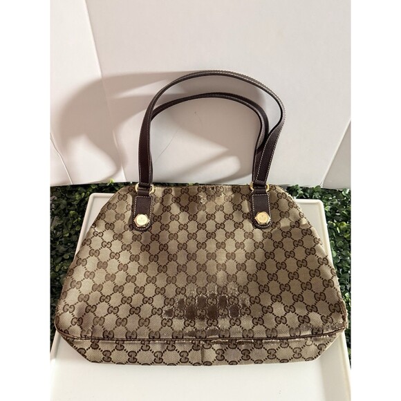 Vintage Gucci GG Canvas Brown Shoulder Tote Bag Leather Trim Read Flaws - Picture 2 of 8